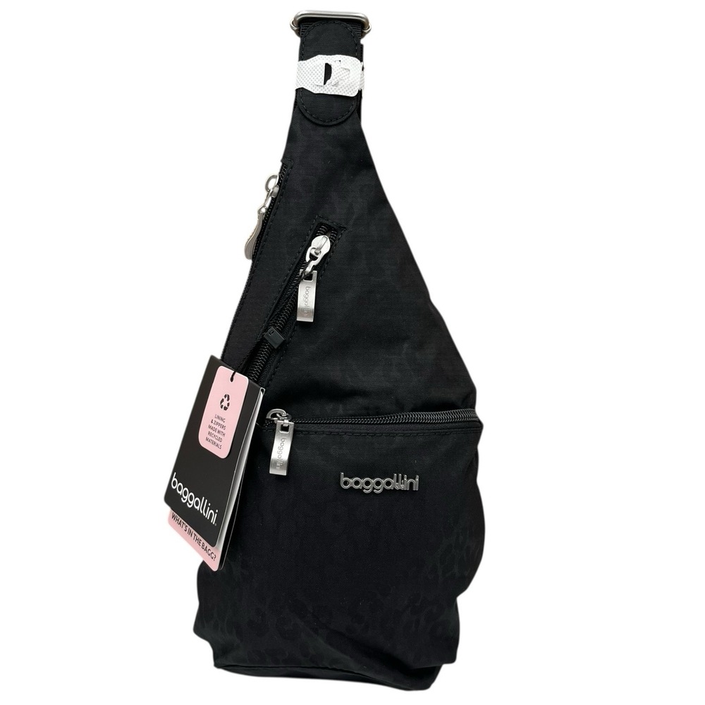 Baggallini Womens Small Sling Bag Crossbody Black Cheetah Emboss Water Repellent